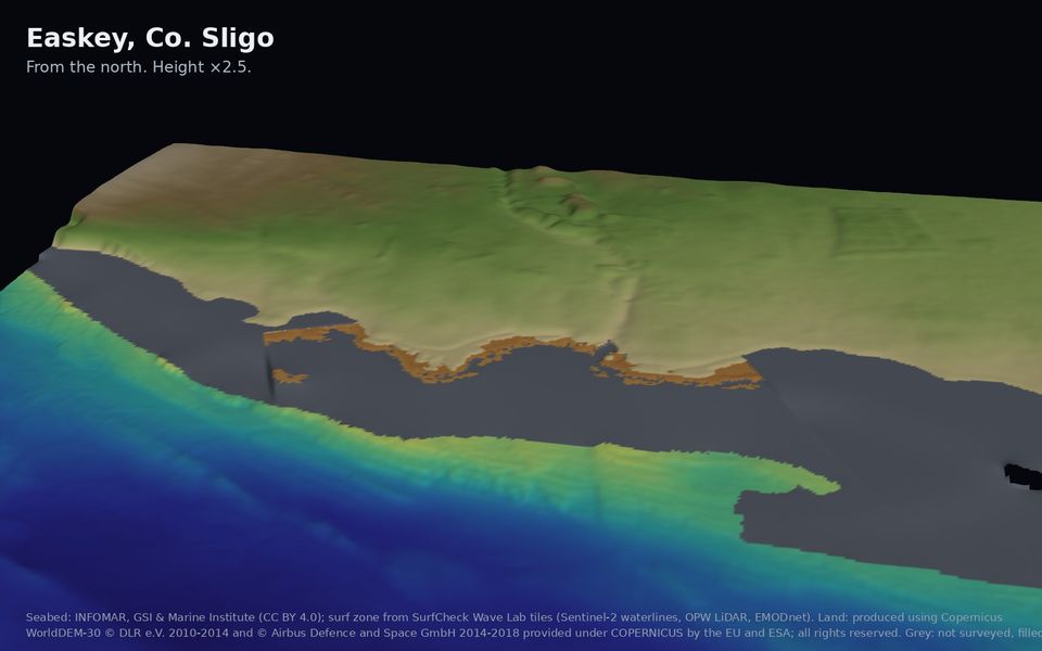 Reefs either side of the river mouth at Easkey in 3D