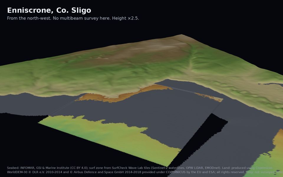 The surveyed seabed under Enniscrone, seen in 3D